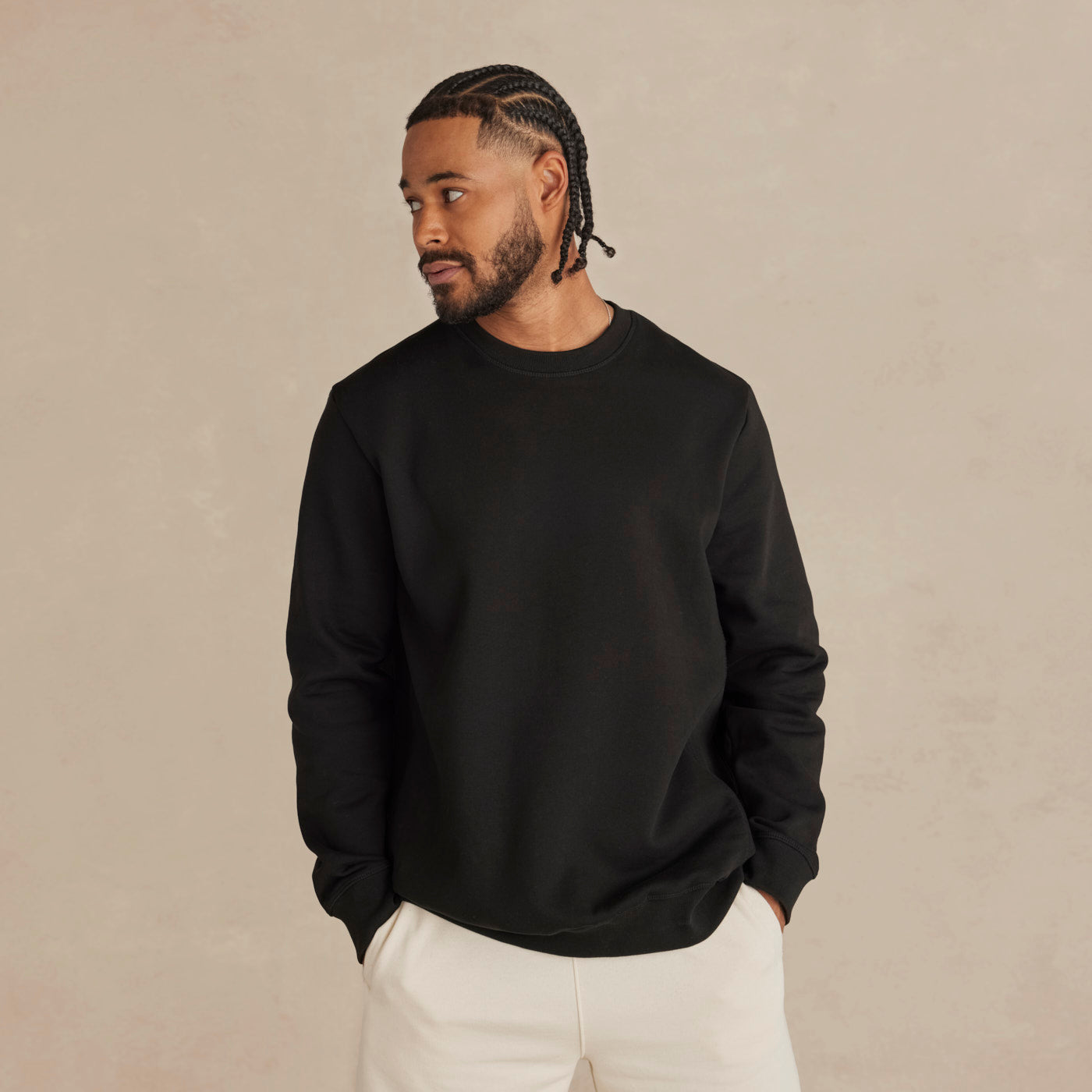 Model wearing Robenti Black Organic Cotton Crewneck Sweatshirt