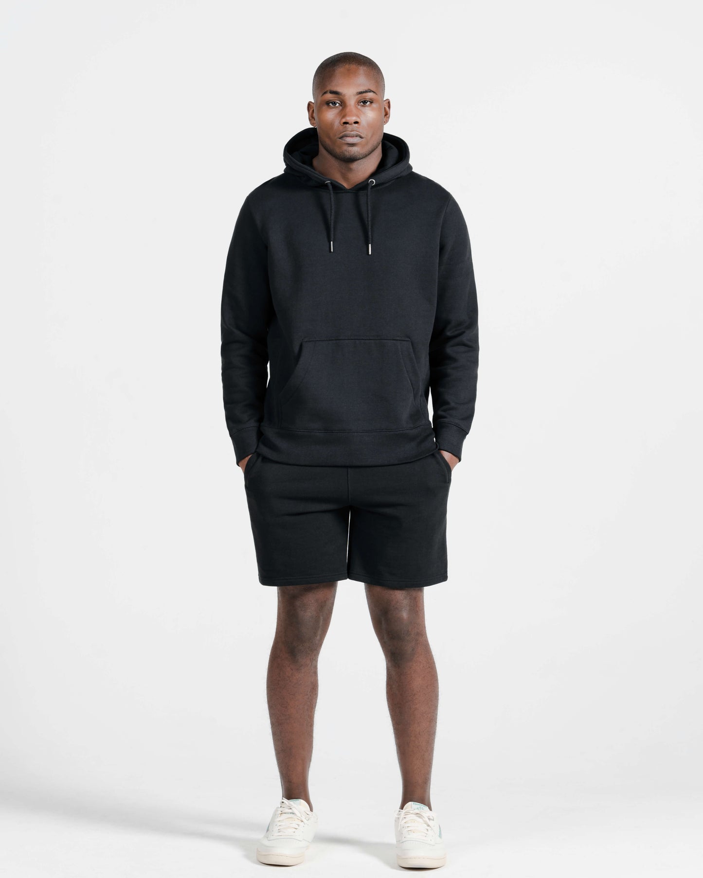 Model wearing Robenti Black Heavyweight Organic Cotton Hoodie