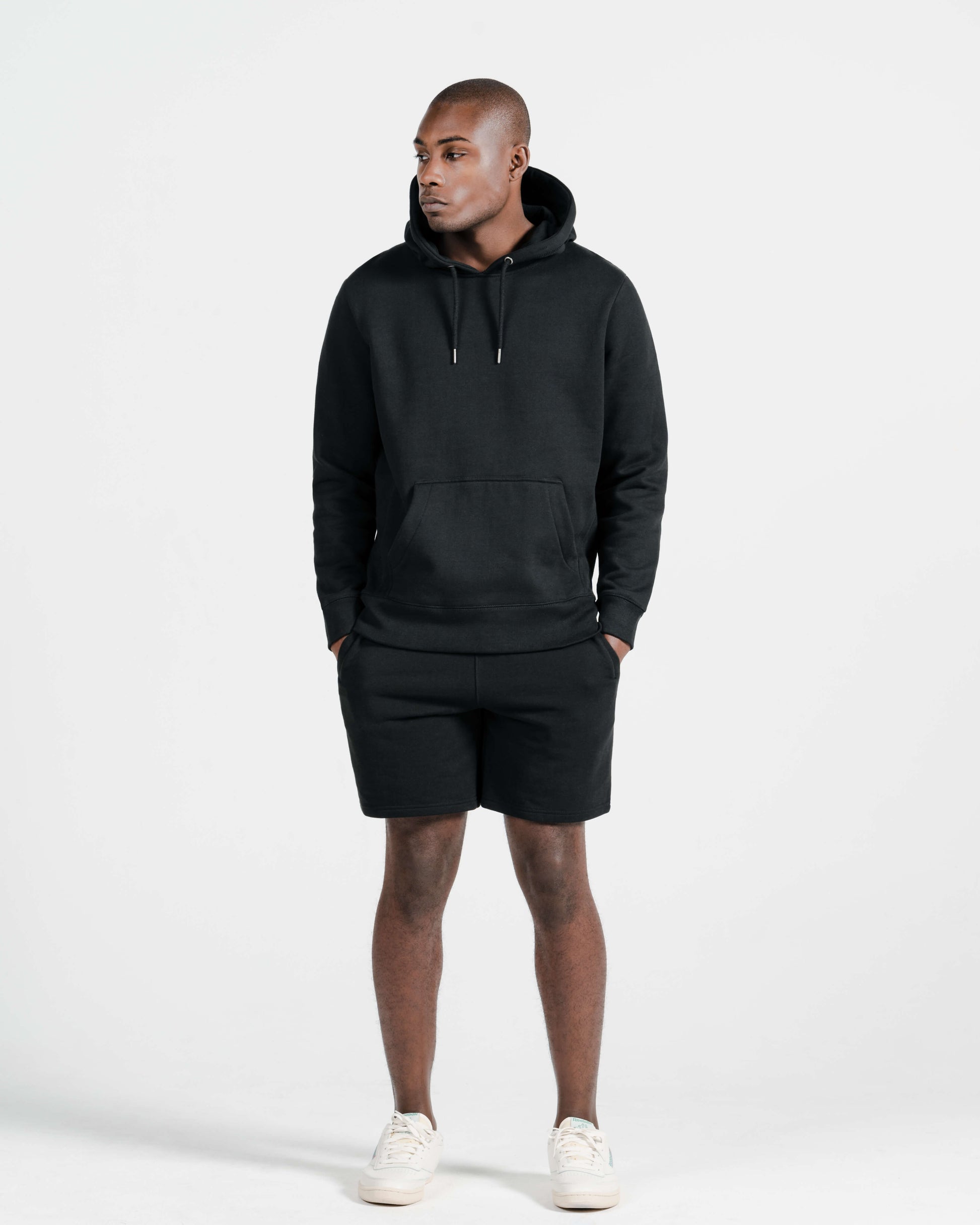 Model wearing Robenti Black Heavyweight Organic Cotton Hoodie