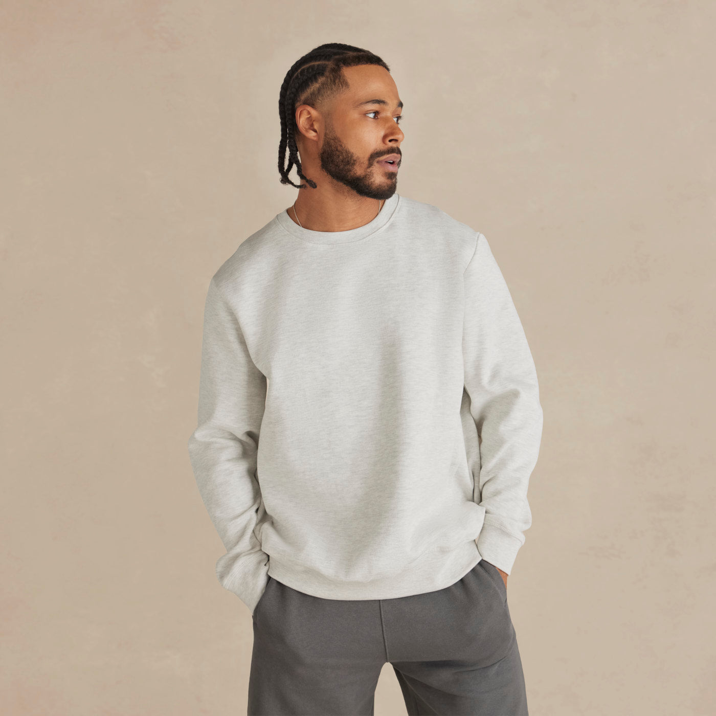 Model wearing Robenti Heather Grey Organic Cotton Crewneck Sweatshirt