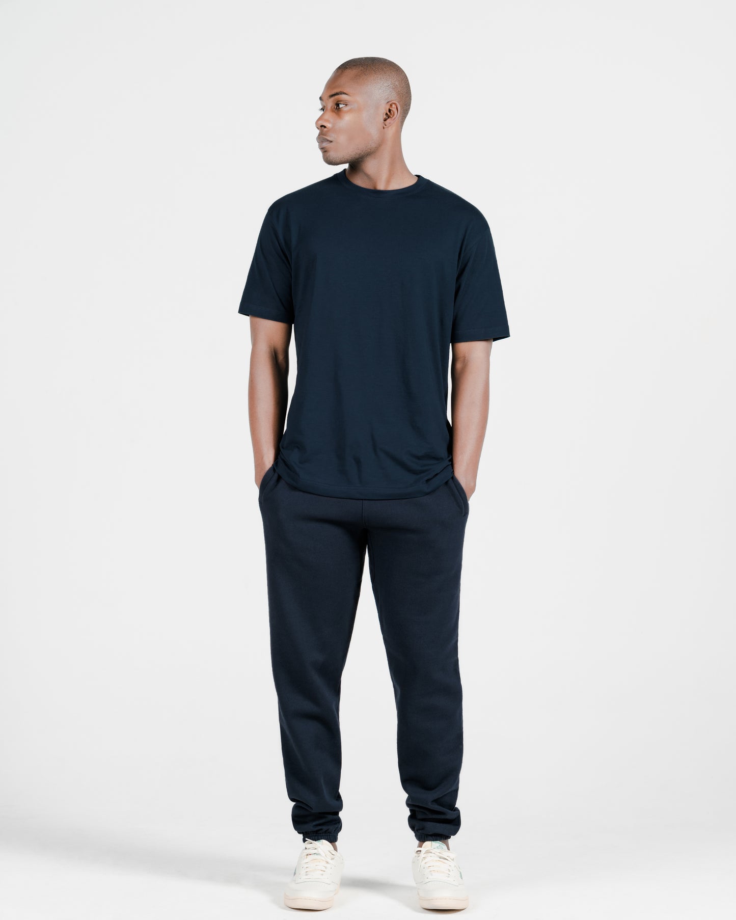 Model wearing Robenti Marine Blue PIMA Cotton T-Shirt