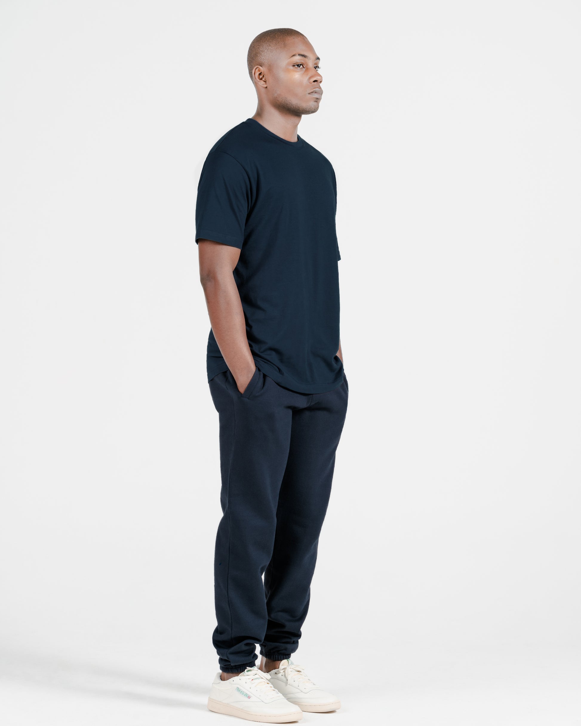 Model wearing Robenti Marine Blue PIMA Cotton T-Shirt