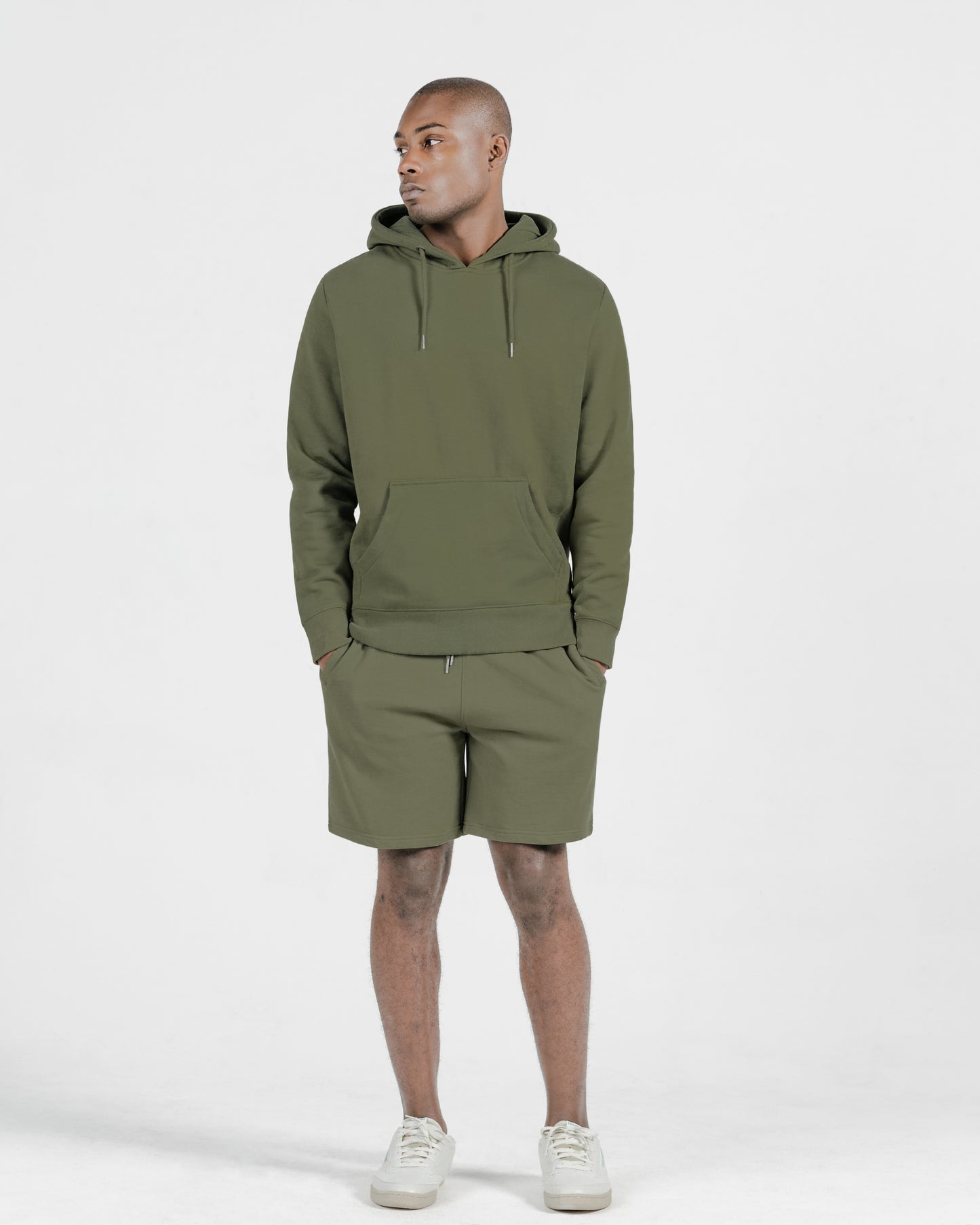 Model wearing Robenti Olive Heavyweight Organic Cotton Hoodie