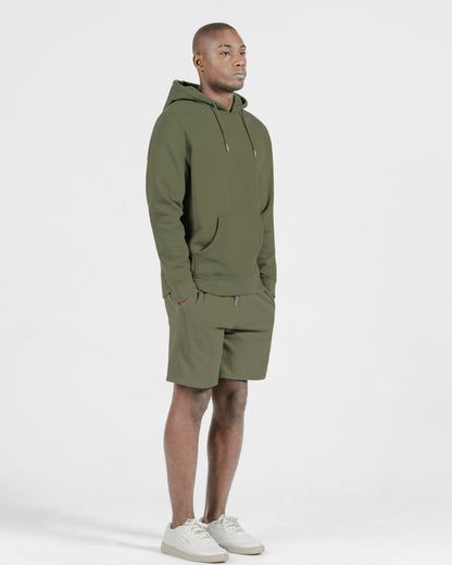 Model wearing Robenti Olive Heavyweight Organic Cotton Hoodie