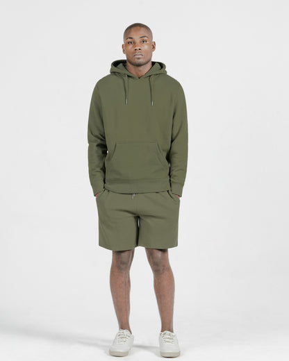 Model wearing Robenti Olive Heavyweight Organic Cotton Hoodie