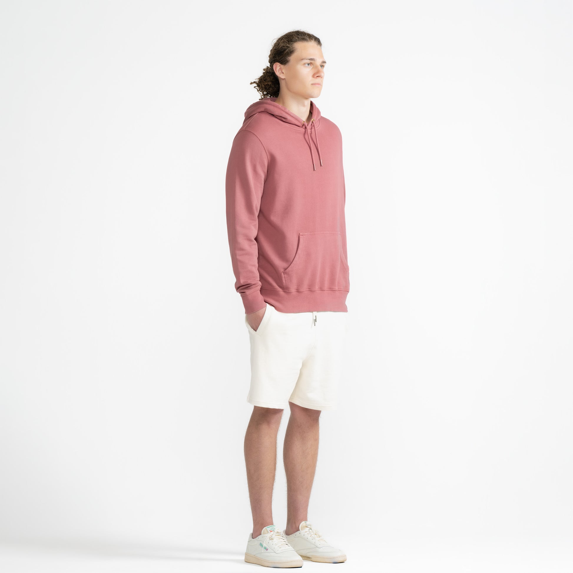 Model wearing Robenti Rosewood Organic Cotton French Terry Hoodie