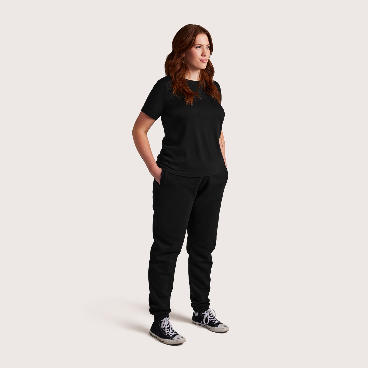 Model wearing Robenti Women's Black PIMA Cotton T-Shirt
