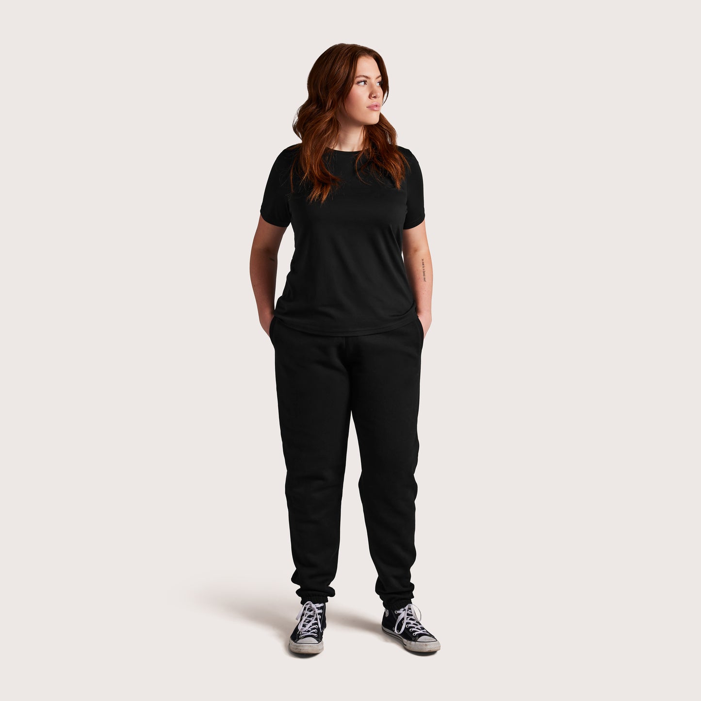 Model wearing Robenti Women's Black PIMA Cotton T-Shirt
