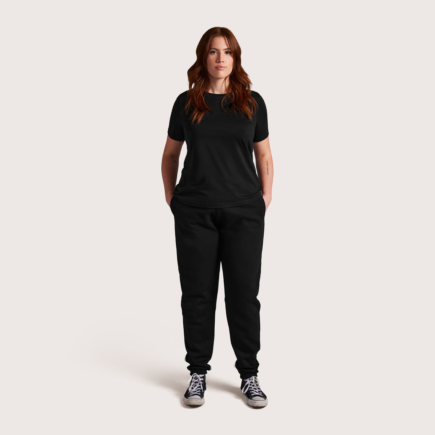 Model wearing Robenti Women's Black PIMA Cotton T-Shirt