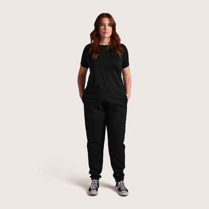 Model wearing Robenti Women's Black PIMA Cotton T-Shirt