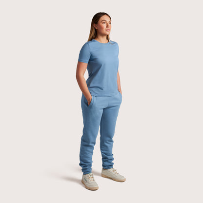 Model wearing Robenti Women's Cloudy Blue PIMA Cotton T-Shirt
