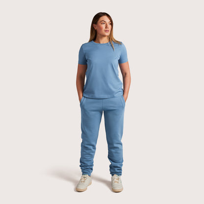 Model wearing Robenti Women's Cloudy Blue PIMA Cotton T-Shirt