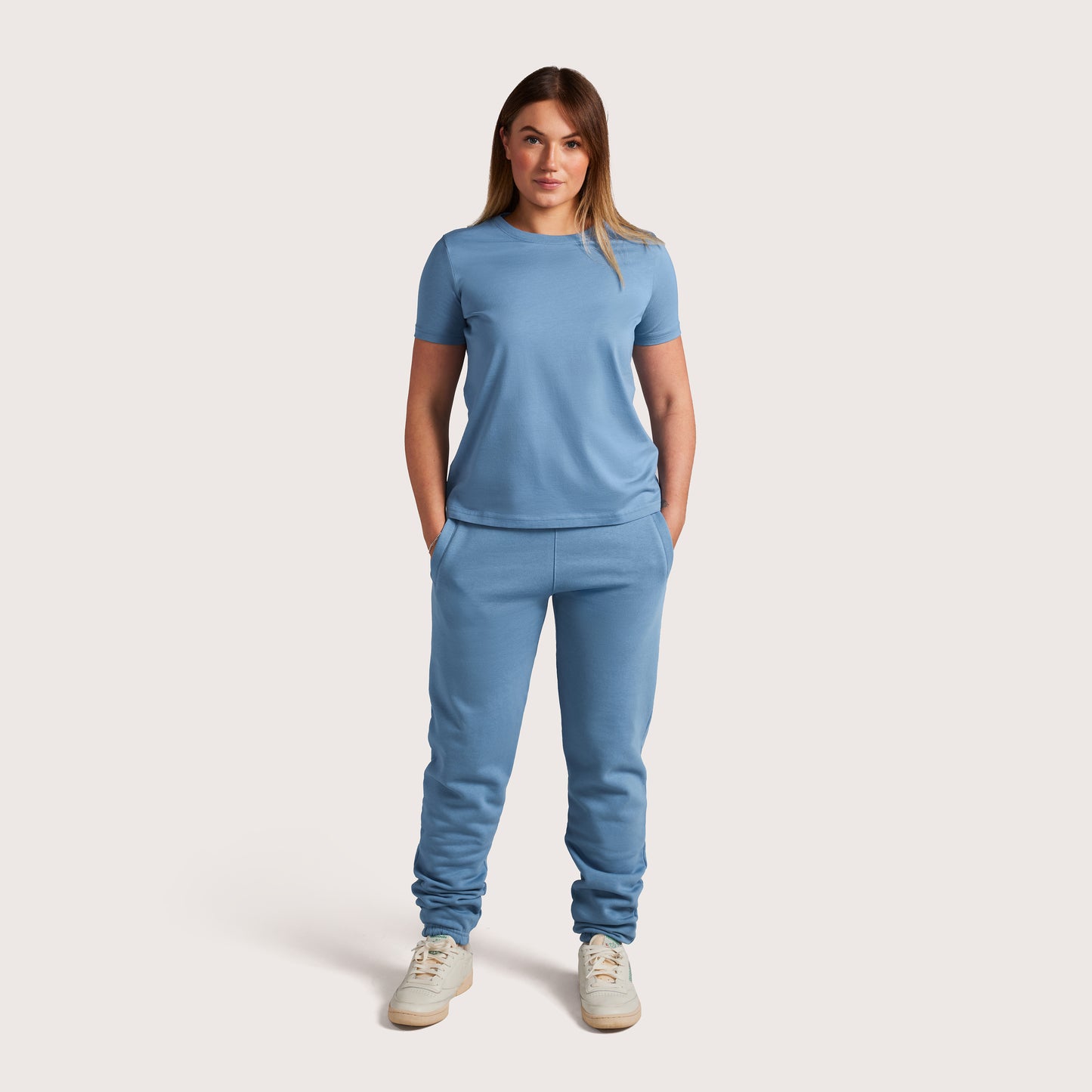 Model wearing Robenti Women's Cloudy Blue PIMA Cotton T-Shirt