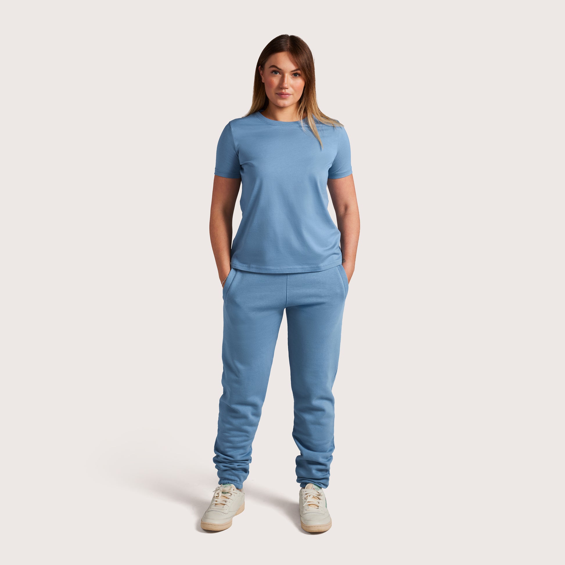 Model wearing Robenti Women's Cloudy Blue PIMA Cotton T-Shirt