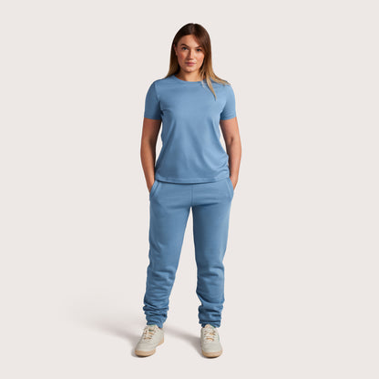 Model wearing Robenti Women's Cloudy Blue PIMA Cotton T-Shirt