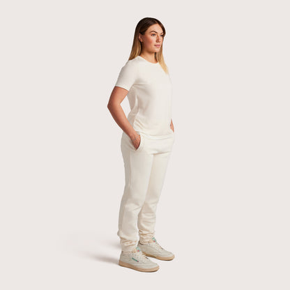 Model wearing Robenti Women's Ivory PIMA Cotton T-Shirt