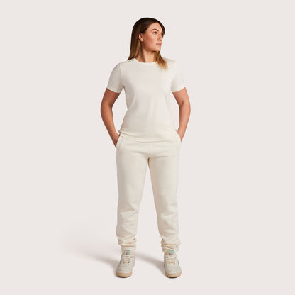 Model wearing Robenti Women's Ivory PIMA Cotton T-Shirt