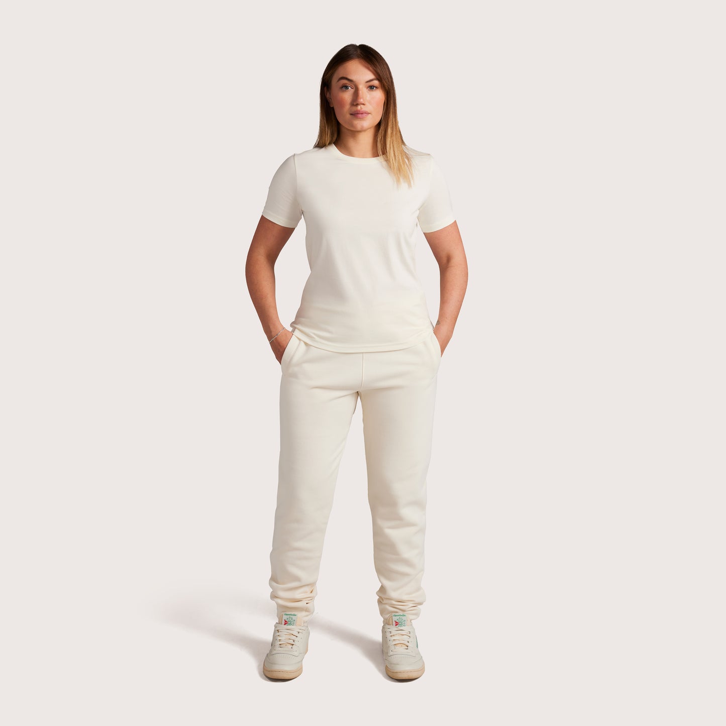 Model wearing Robenti Women's Ivory PIMA Cotton T-Shirt