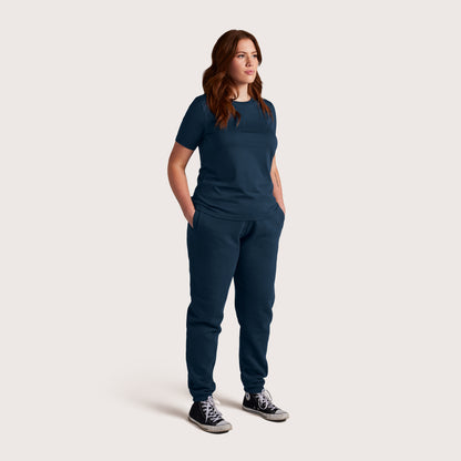 Model wearing Robenti Women's Marine Blue PIMA Cotton T-Shirt