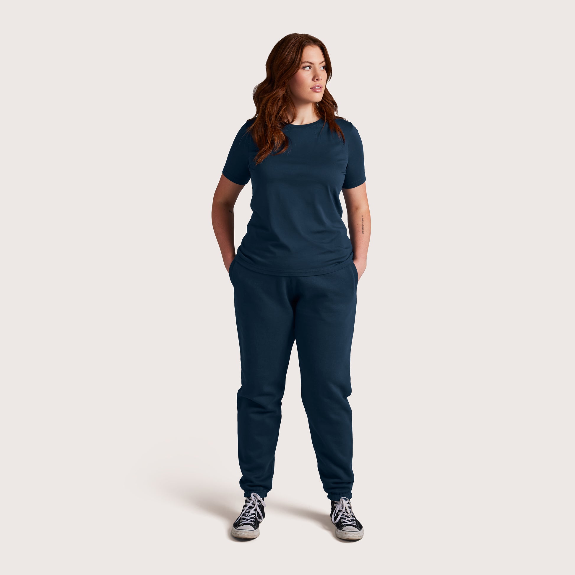 Model wearing Robenti Women's Marine Blue PIMA Cotton T-Shirt