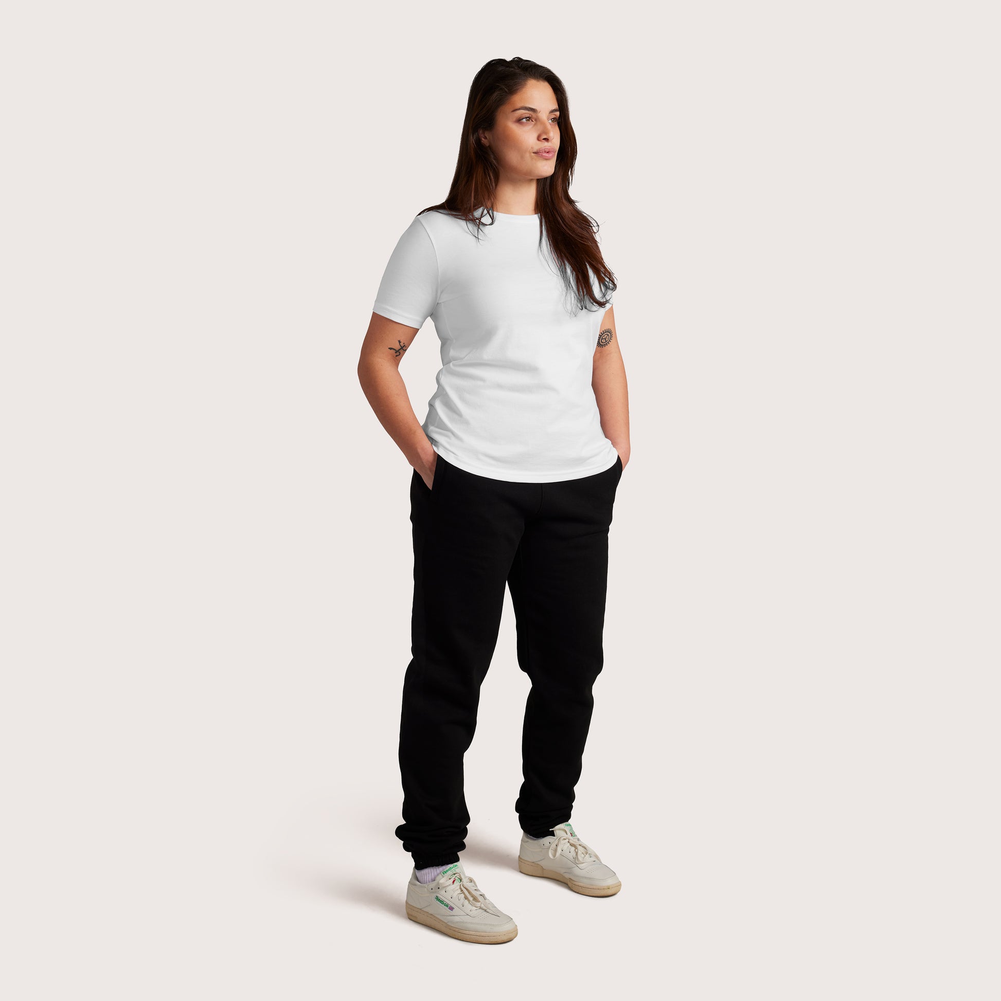 Model wearing Robenti Women's White PIMA Cotton T-Shirt