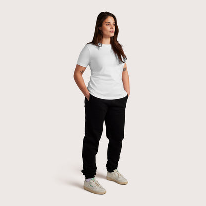 Model wearing Robenti Women's White PIMA Cotton T-Shirt