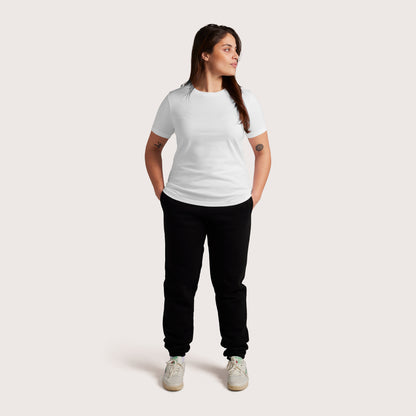 Model wearing Robenti Women's White PIMA Cotton T-Shirt
