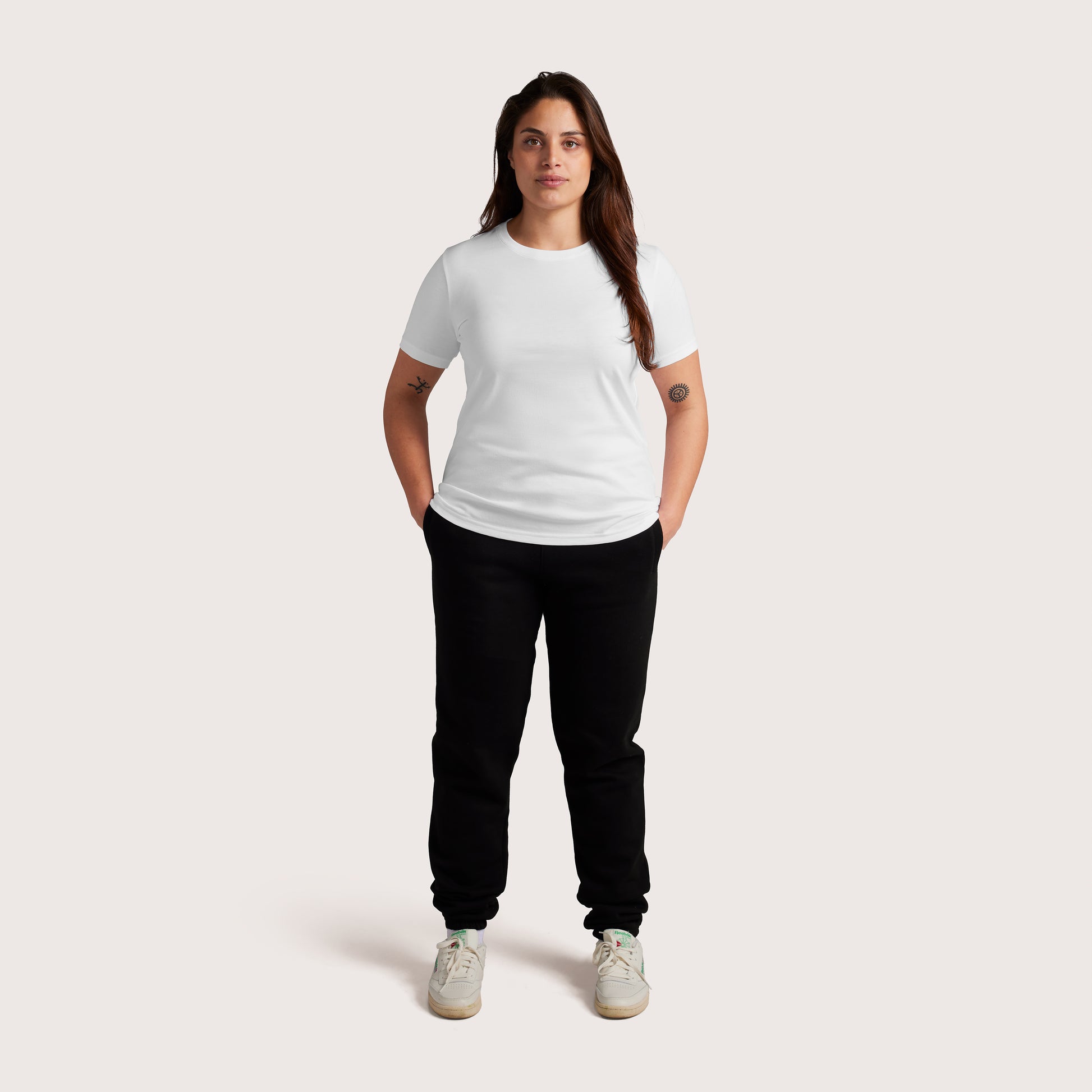 Model wearing Robenti Women's White PIMA Cotton T-Shirt